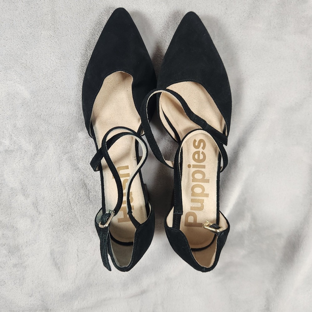 Hush‎ Puppies Sofie Black Suede Cross Strap Block Heel Pumps Sz 9 Minimalist